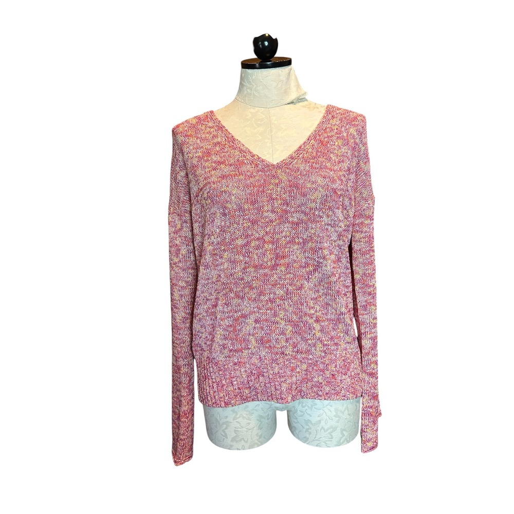 J.Crew V-Neck Sweater Pink Yellow Space Dye Marl Knit H8986 Stretch Sz M NWT
